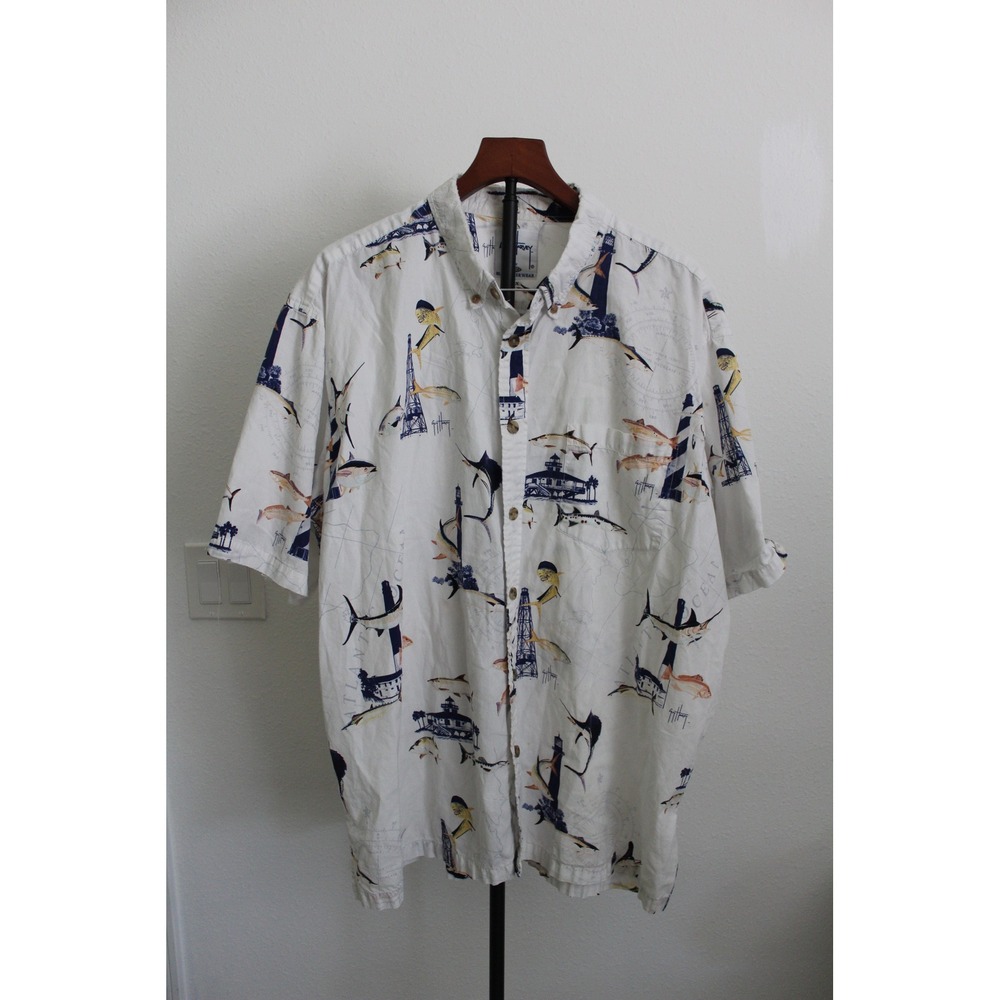 Guy Harvey AFTCO Mens 2X White Nautical Fish Print Button Down Fishing Shirt